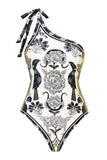 Noir Blanc Maillot de bain de plage à une épaule imprimé avec couverture