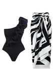 Noir Blanc Maillots de bain de plage une pièce à volants