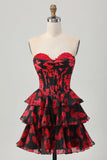 Noir Rouge Floral Une ligne Sweetheart Corset Robe de cocktail
