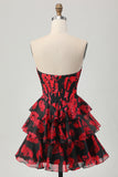 Noir Rouge Floral Une ligne Sweetheart Corset Robe de cocktail