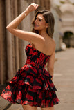 Noir Rouge Floral Une ligne Sweetheart Corset Robe de cocktail
