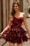 Noir Rouge Floral Une ligne Sweetheart Corset Robe de cocktail