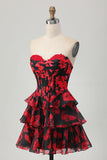 Noir Rouge Floral A-ligne Sweetheart Tiered Corset Robe courte de retour à la maison