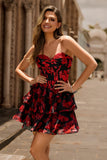 Noir Rouge Floral Une ligne Sweetheart Corset Robe de cocktail