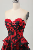 Noir Rouge Floral A-ligne Sweetheart Tiered Corset Robe courte de retour à la maison