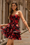 Noir Rouge Floral Une ligne Sweetheart Corset Robe de cocktail