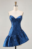 Robe de cocktail asymétrique bleu foncé sans bretelles A Line