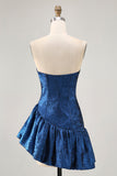 Robe de cocktail asymétrique bleu foncé sans bretelles A Line