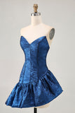 Robe de cocktail asymétrique bleu foncé sans bretelles A Line