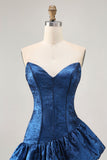 Robe de cocktail asymétrique bleu foncé sans bretelles A Line