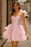 Corset rose scintillant à épaules dénudées Une Robe de cocktail à plusieurs niveaux