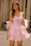 Corset rose scintillant à épaules dénudées Une Robe de cocktail à plusieurs niveaux