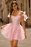 Corset rose scintillant à épaules dénudées Une Robe de cocktail à plusieurs niveaux