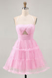 Glitter Halter Cut Out Rose À volants A-ligne Robe de cocktail