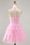 Glitter Halter Cut Out Rose À volants A-ligne Robe de cocktail