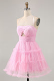 Glitter Halter Cut Out Rose À volants A-ligne Robe de cocktail