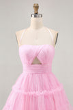 Glitter Halter Cut Out Rose À volants A-ligne Robe de cocktail