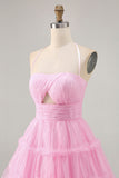 Glitter Halter Cut Out Rose À volants A-ligne Robe de cocktail