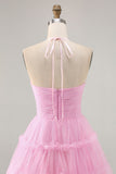 Glitter Halter Cut Out Rose À volants A-ligne Robe de cocktail