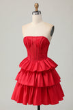 Rouge sans bretelles A-line Tier Corset Perlé Robe de soirée courte de retour à la maison avec noeud