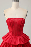 Rouge sans bretelles A-line Tier Corset Perlé Robe de soirée courte de retour à la maison avec noeud