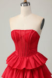 Rouge sans bretelles A-line Tier Corset Perlé Robe de soirée courte de retour à la maison avec noeud