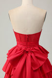 Rouge sans bretelles A-line Tier Corset Perlé Robe de soirée courte de retour à la maison avec noeud