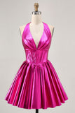 Robe de bal plissée dos nu fuchsia métallisé