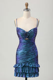 Bleu violet froncé découpé à volants métallique Robe de cocktail