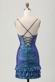 Bleu violet froncé découpé à volants métallique Robe de cocktail