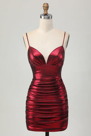 Robe de bal courte froncée froncée scintillante bordeaux scintillante