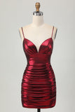 Robe de bal courte froncée froncée scintillante bordeaux scintillante