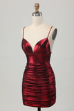 Robe de bal courte froncée froncée scintillante bordeaux scintillante