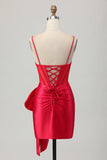 Corset moulant rouge froncé perlé Robe de soirée courte avec noeud