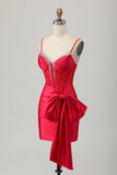 Corset moulant rouge froncé perlé Robe de soirée courte avec noeud
