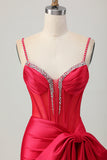 Corset moulant rouge froncé perlé Robe de soirée courte avec noeud