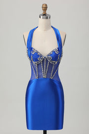 Bleu royal moulante dos nu Satin Robe de soirée courte avec strass