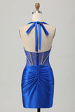 Bleu royal moulante dos nu Satin Robe de soirée courte avec strass