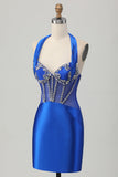 Bleu royal moulante dos nu Satin Robe de soirée courte avec strass