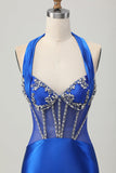 Bleu royal moulante dos nu Satin Robe de soirée courte avec strass