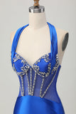Bleu royal moulante dos nu Satin Robe de soirée courte avec strass