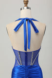 Bleu royal moulante dos nu Satin Robe de soirée courte avec strass