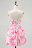 Robe de cocktail corset sans bretelles florale rose avec paillettes