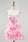 Robe de cocktail corset sans bretelles florale rose avec paillettes