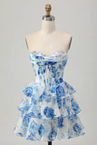 Blanc Bleu Floral Une ligne Sans Bretelles Corset Robe de cocktail Courte