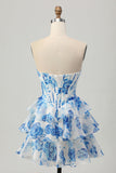 Blanc Bleu Floral Une ligne Sans Bretelles Corset Robe de cocktail Courte