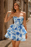 Blanc Bleu Floral Une ligne Sans Bretelles Corset Robe de cocktail Courte
