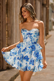 Blanc Bleu Floral Une ligne Sans Bretelles Corset Robe de cocktail Courte