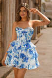 Blanc Bleu Floral Une ligne Sans Bretelles Corset Robe de cocktail Courte