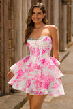 Blanc Bleu Floral Une ligne Sans Bretelles Corset Robe de cocktail Courte